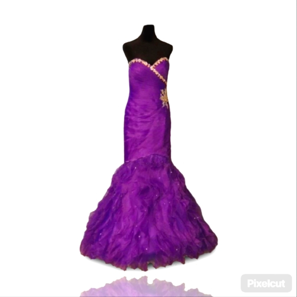 Mori Lee Purple Strapless Dress with Gold Accents